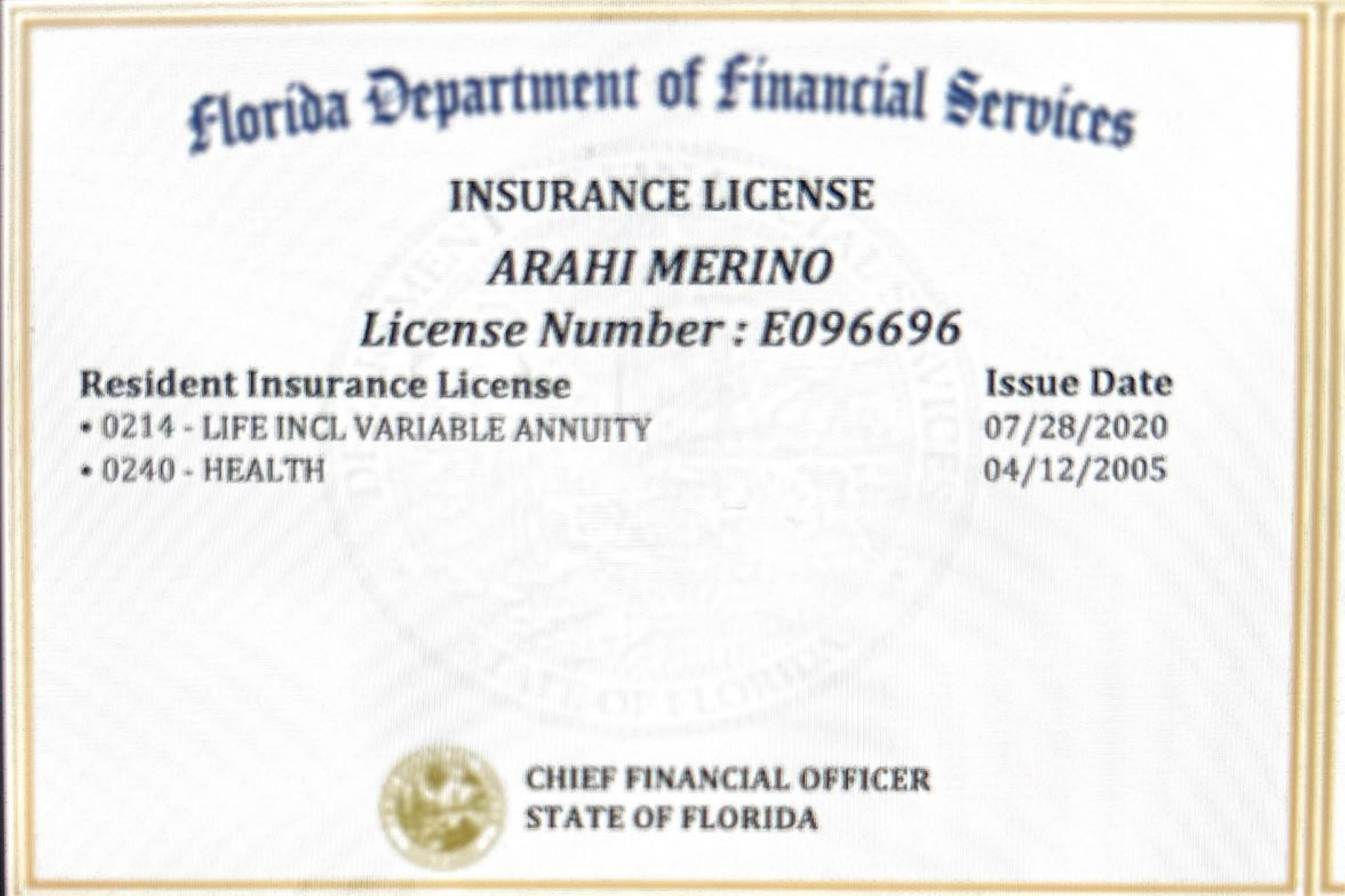 Licencia de seguros de Arahi Merino - Florida Department of Financial Services